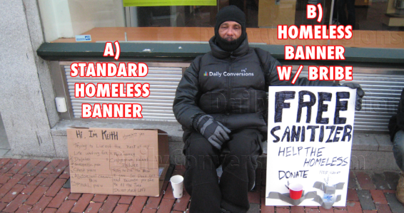 Homeless man using neuromarketing technique to get more money